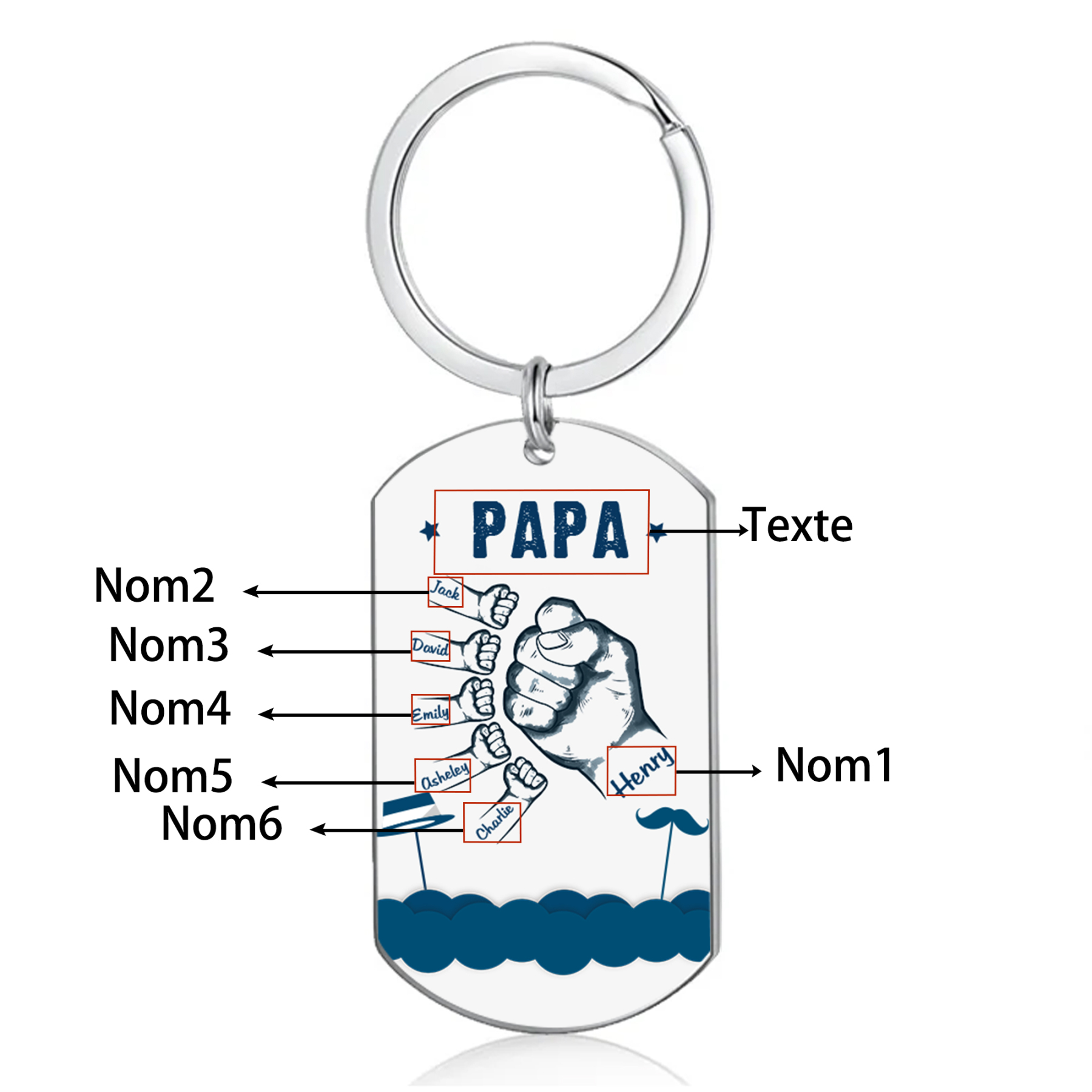 À Papa/Papi - Porte-Clés Poings 6 Prénoms Personnalisés