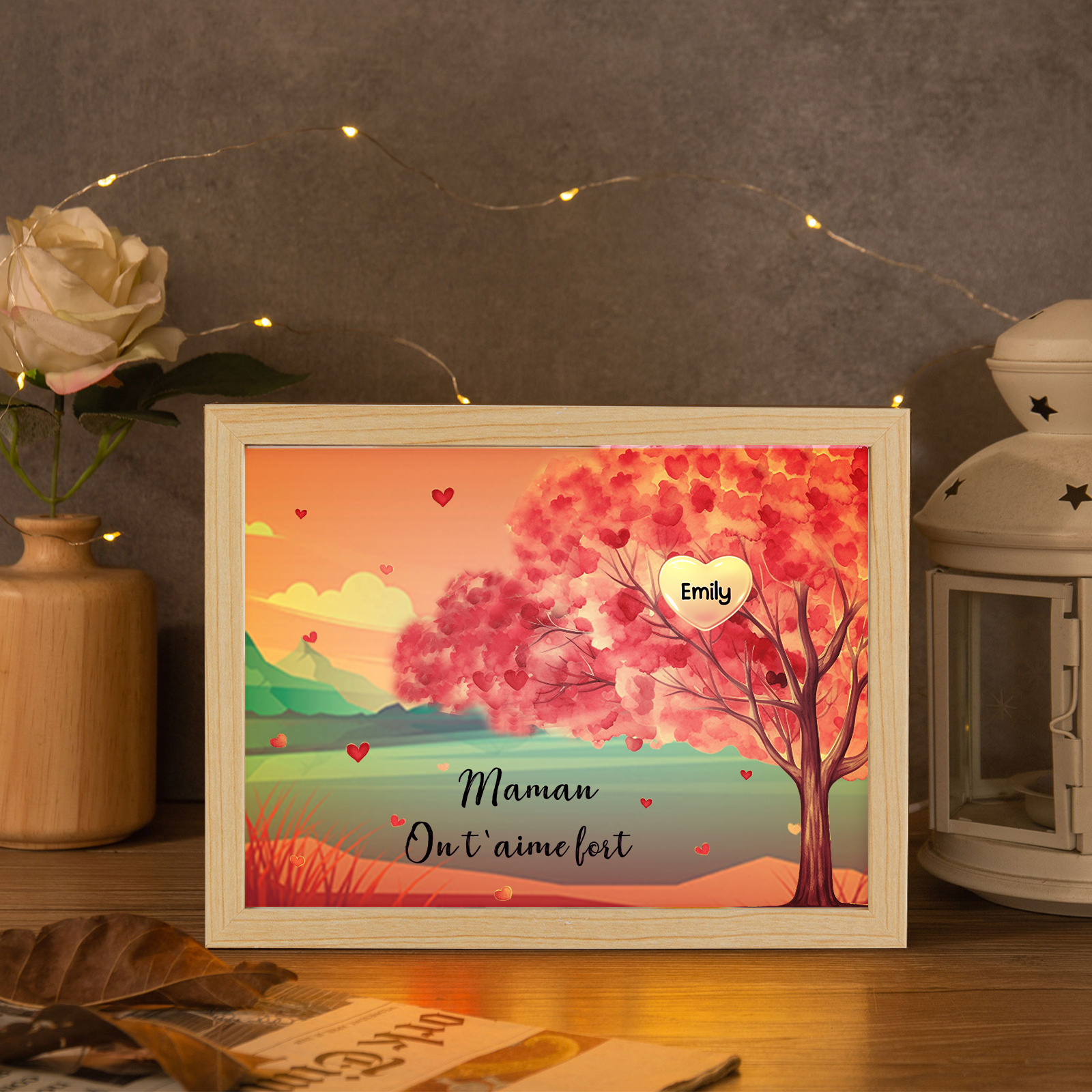 Cadre Photo LED Arbre 1 Prénom Personnalisé avec 1 Texte Décoration Famille