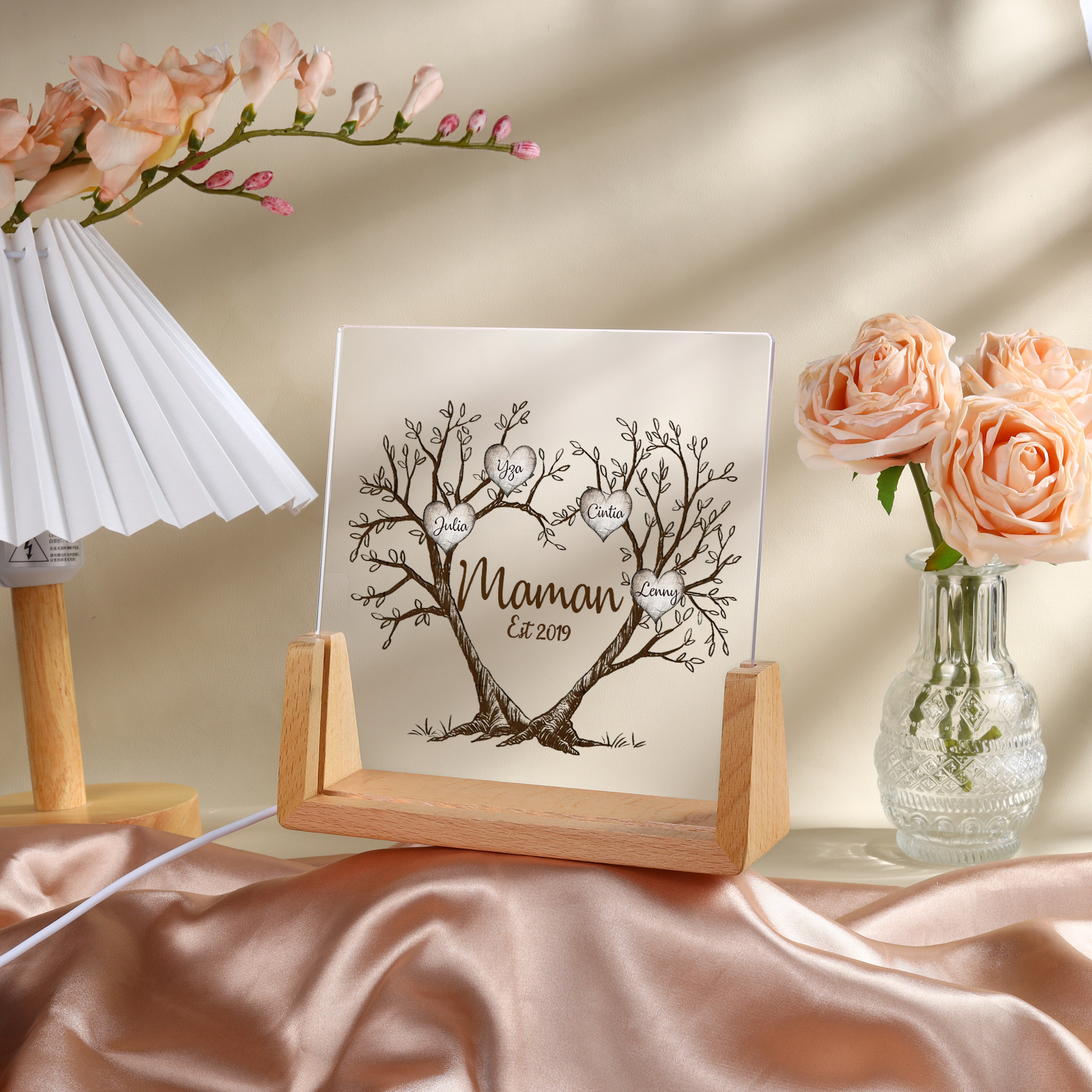 À Maman/Mamie - Lampe de chevet LED Arbre de Vie 4 Prénoms Personnalisés avec Texte et Date pour Famille