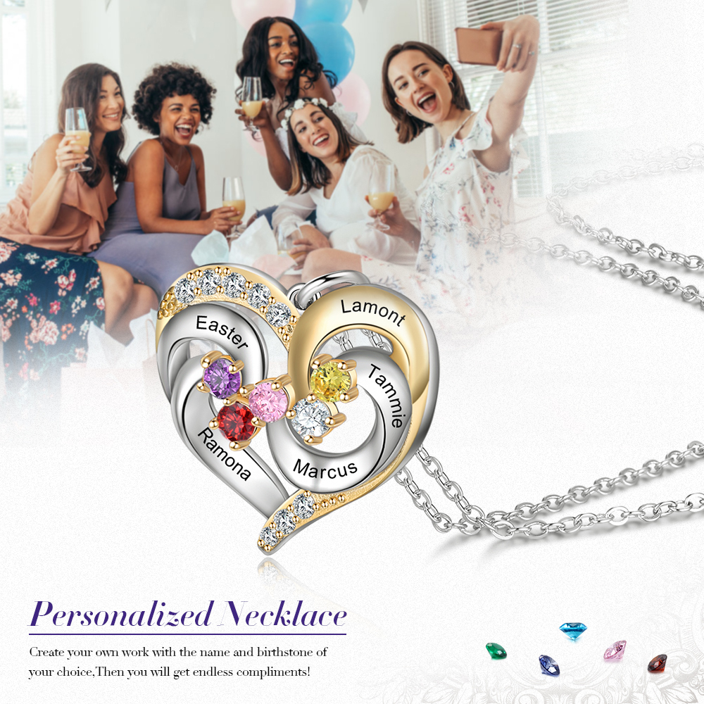 Collier Prénom cœur Argent 925 5 Prénom 5 pierre de naissance