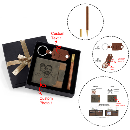 Coffret Cadeau 3PCS - Portefeuille classique Porte-Clés et Stylo 1 Prénom et Lettre Personnalisés avec 2 Photos et Textes  Coffret Cadeau pour Homme