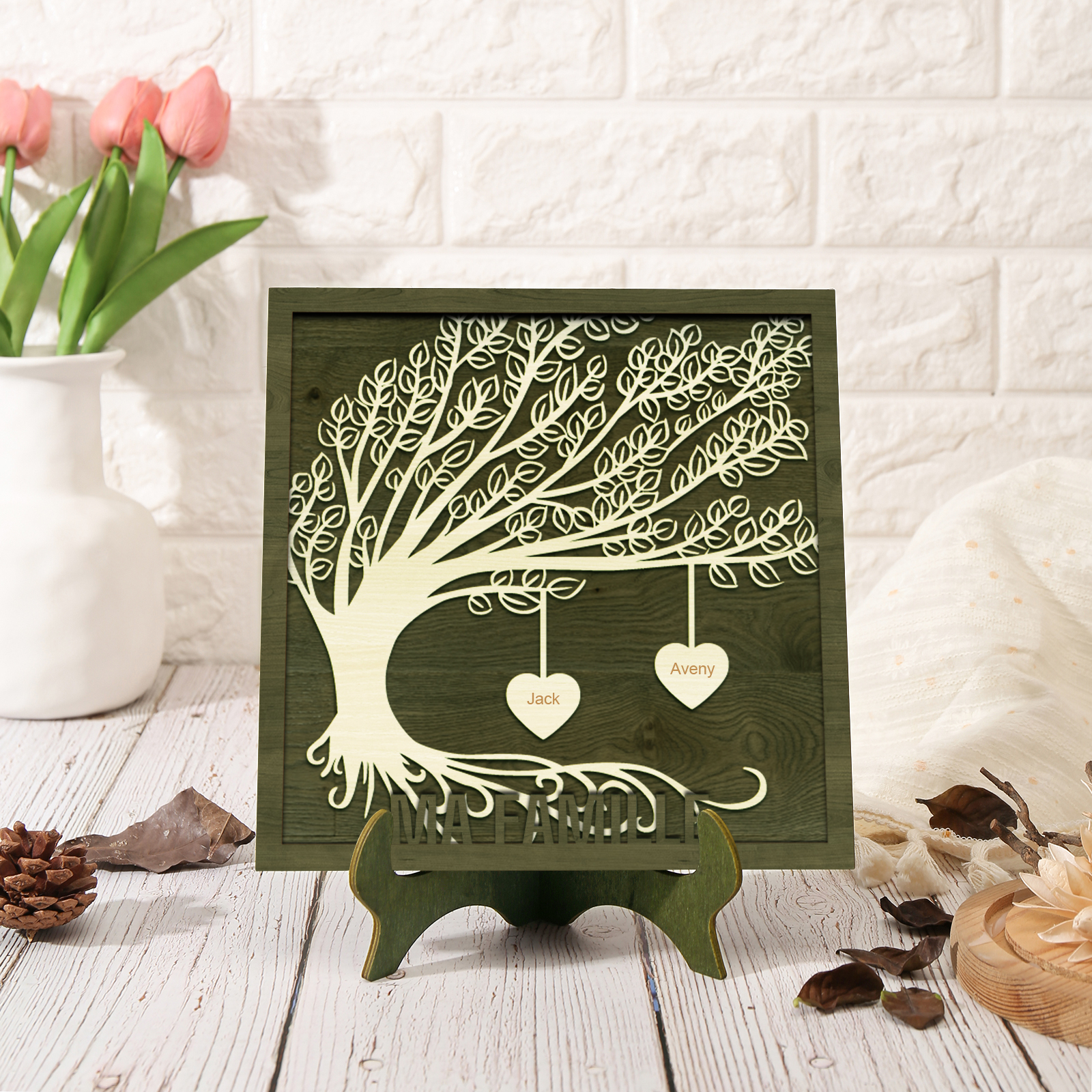 Décoration en bois Arbre de Vie 2 Prénoms Personnalisés Ornement Famille