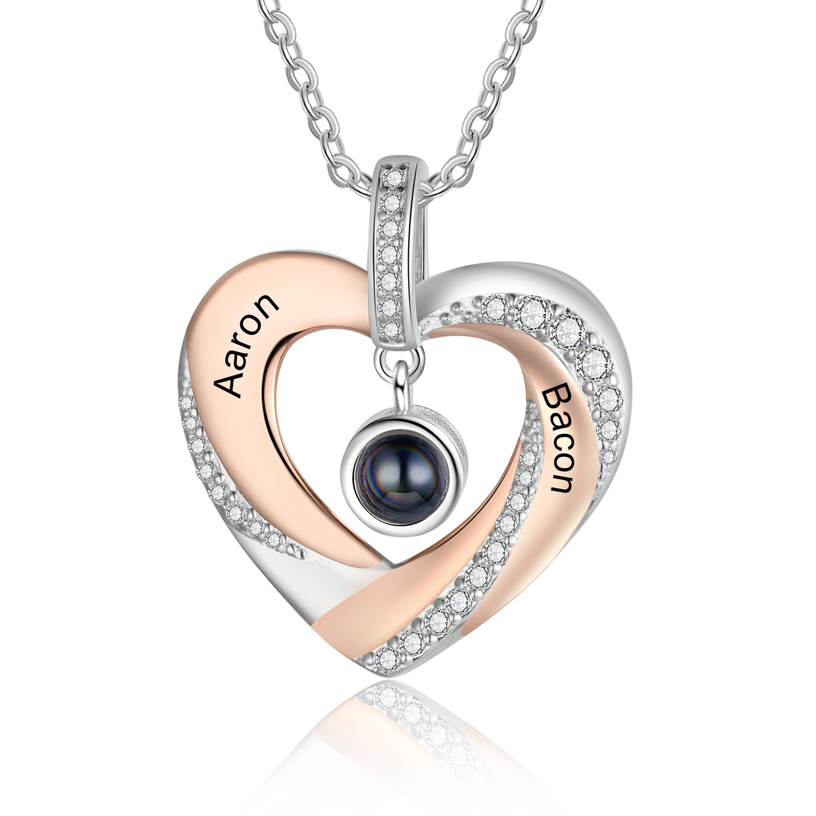 Collier Cœur Projection de Pierres 2 Prénoms et 1 Photo Personnalisés