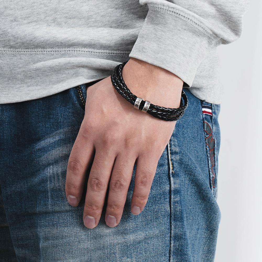 Bracelet Cuir tressé Prénom Personnalisé Bracelet Homme Avec 2 Perles