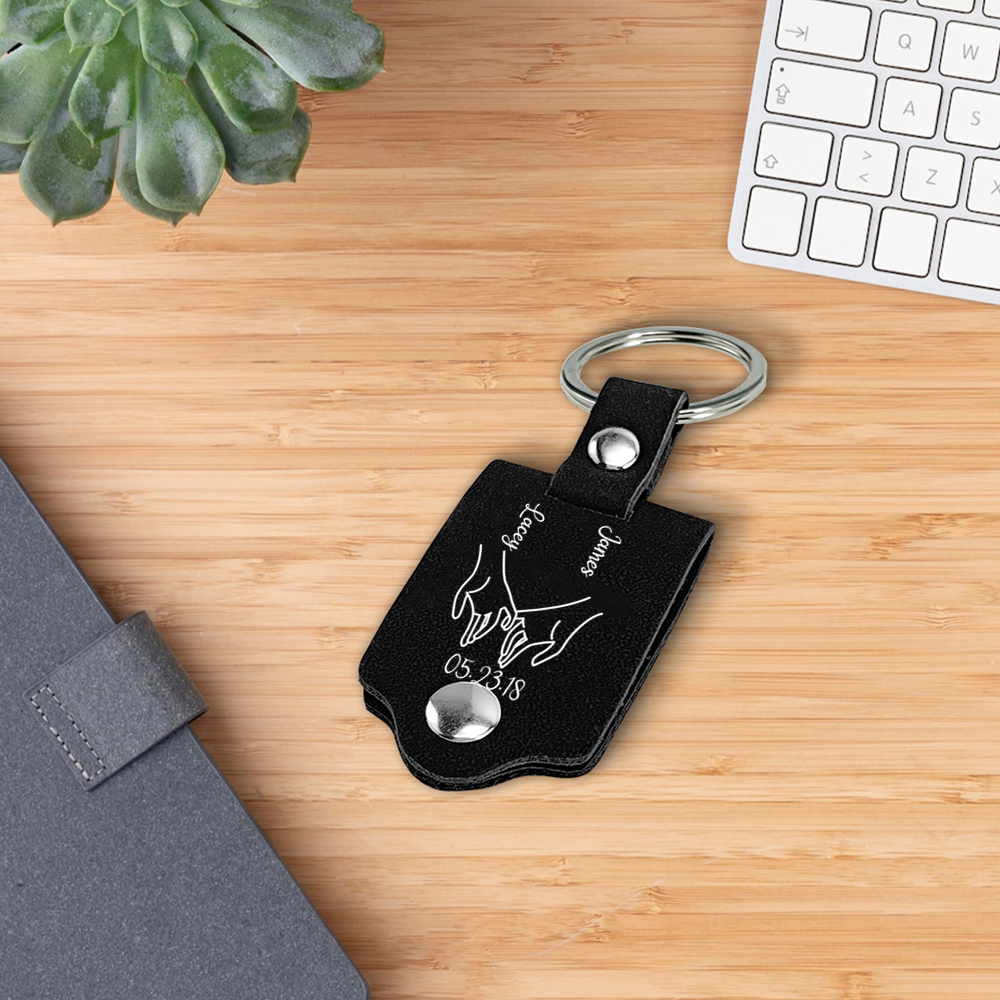 Porte-Clés Cuir 2 Prénoms et 1 Photo Personnalisés avec Date et Texte pour Couple | Jessemade