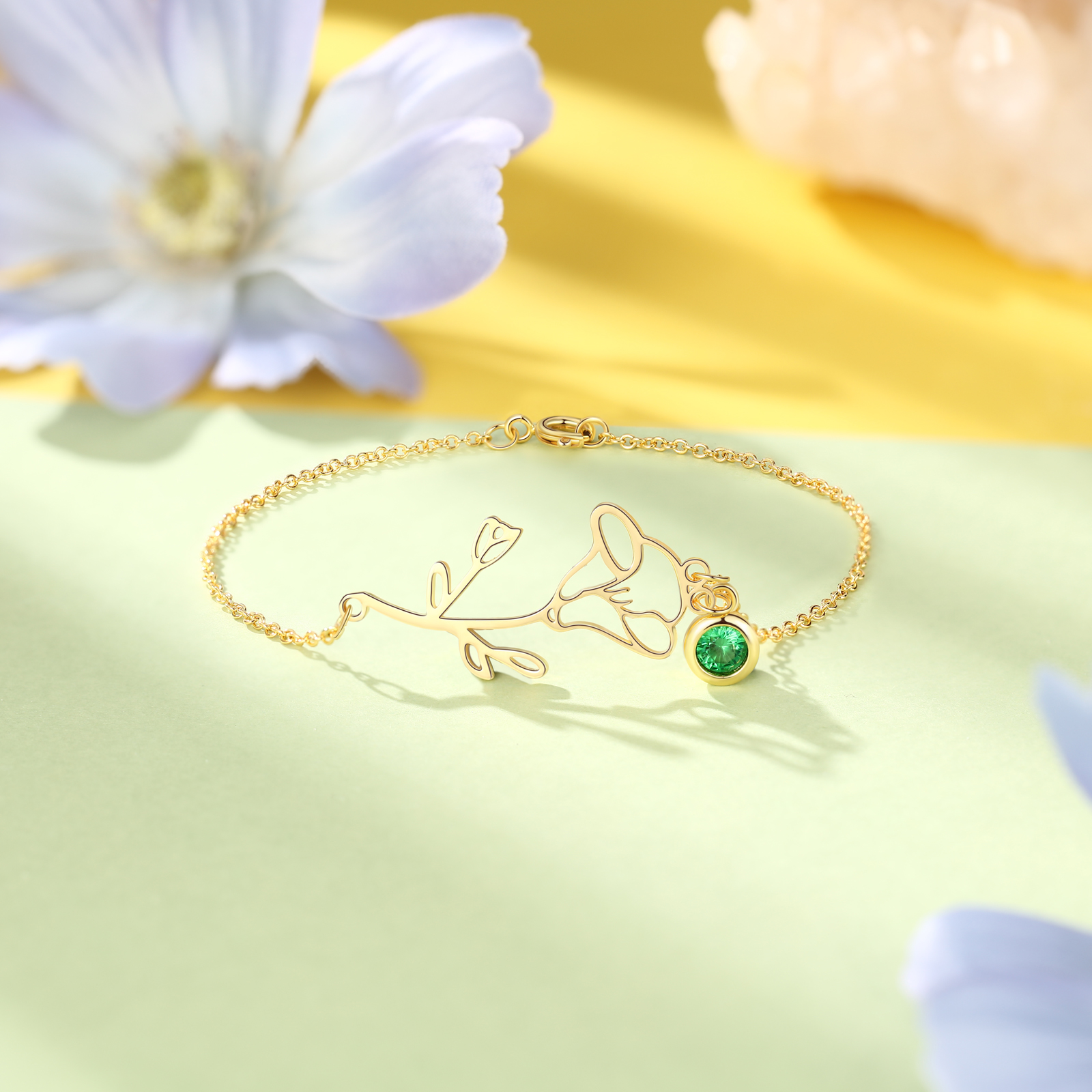 Bracelet Fleur de Naissance Personnalisé avec Pierre de Naissance pour Femme
