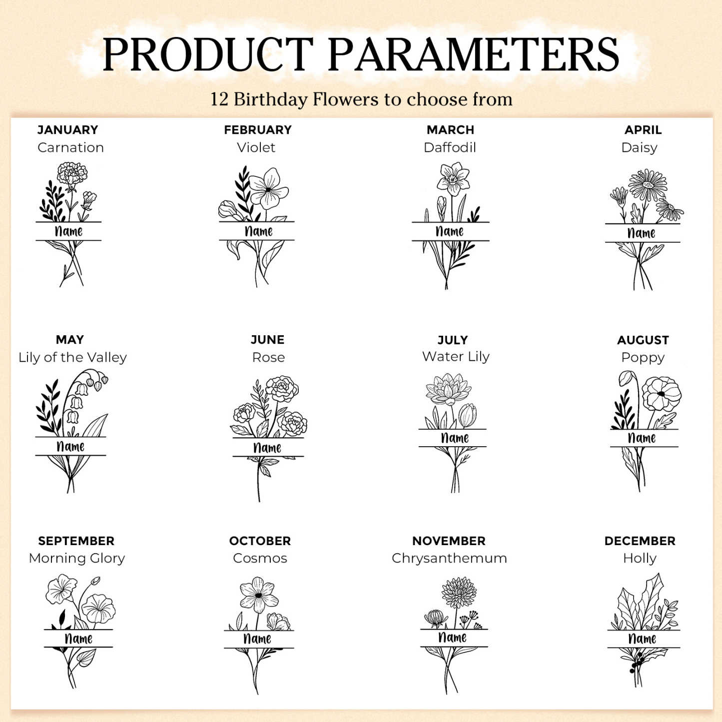 Portefeuille/Sac Bandoulière Femmes 1 Prénom et Fleur de Naissance Personnalisés