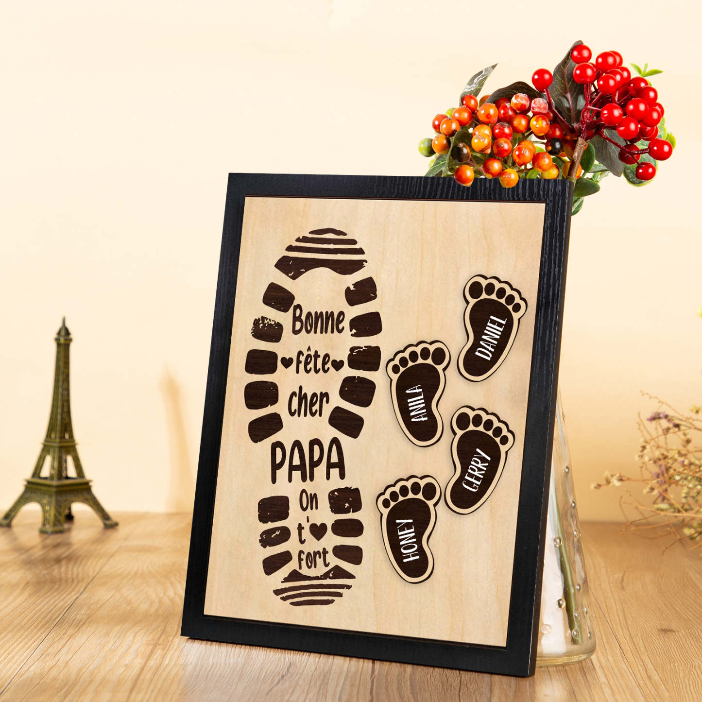 À Mon Papa-Cadre en Bois Pieds Bébé 4 Prénoms Personnalisés