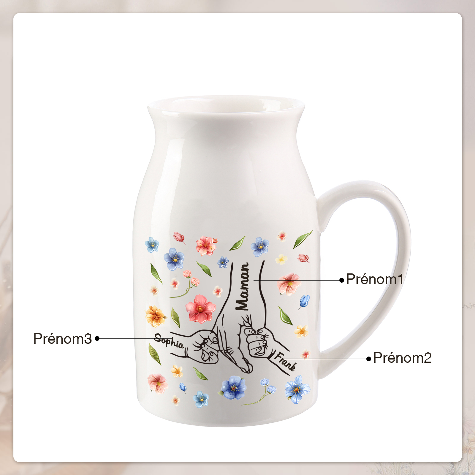Vase à Fleurs la main dans la main 3 Prénoms Personnalisés Décoration de la Maison