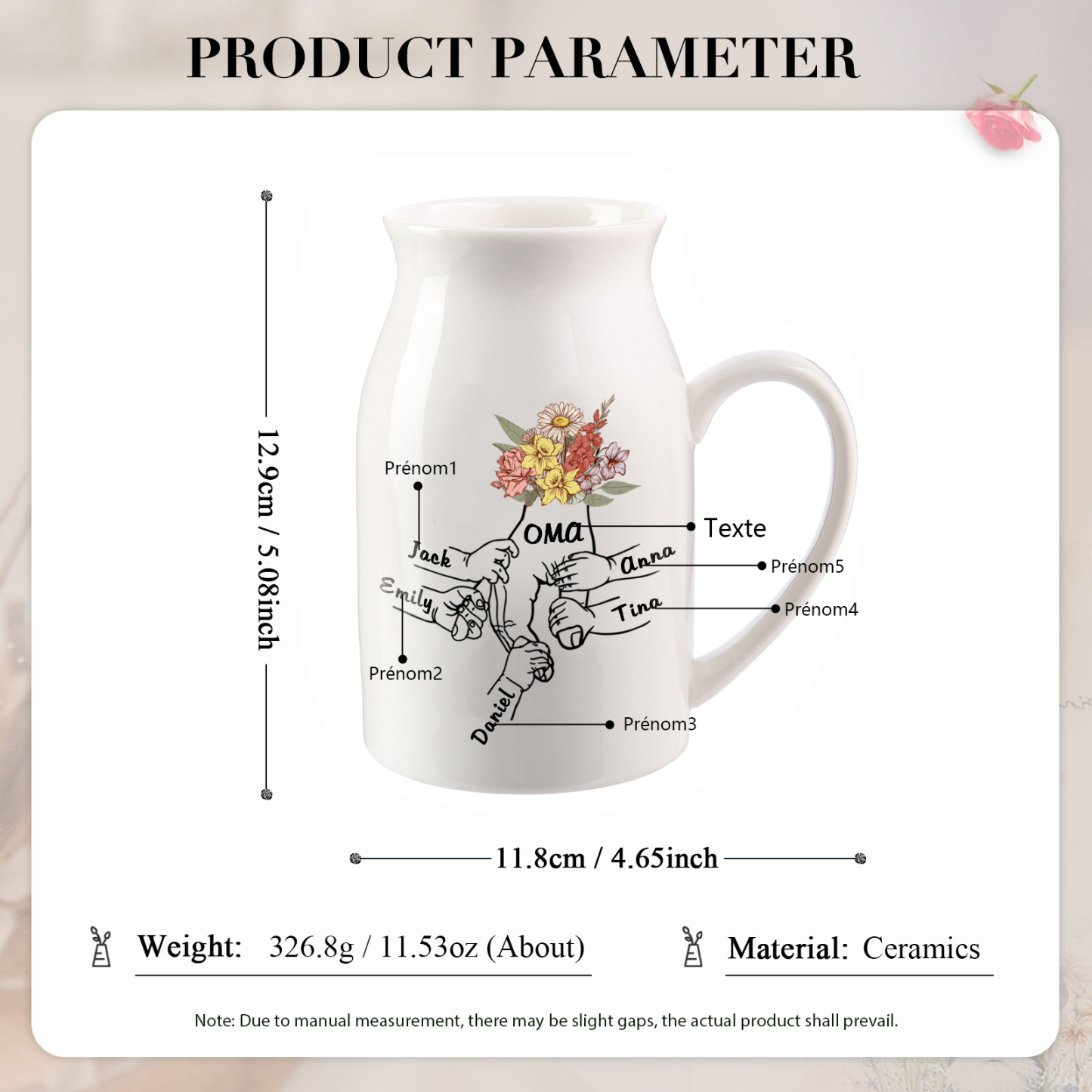 Vase à Fleurs la main dans la main 5 Prénoms Personnalisés avec Texte Décoration de la Maison