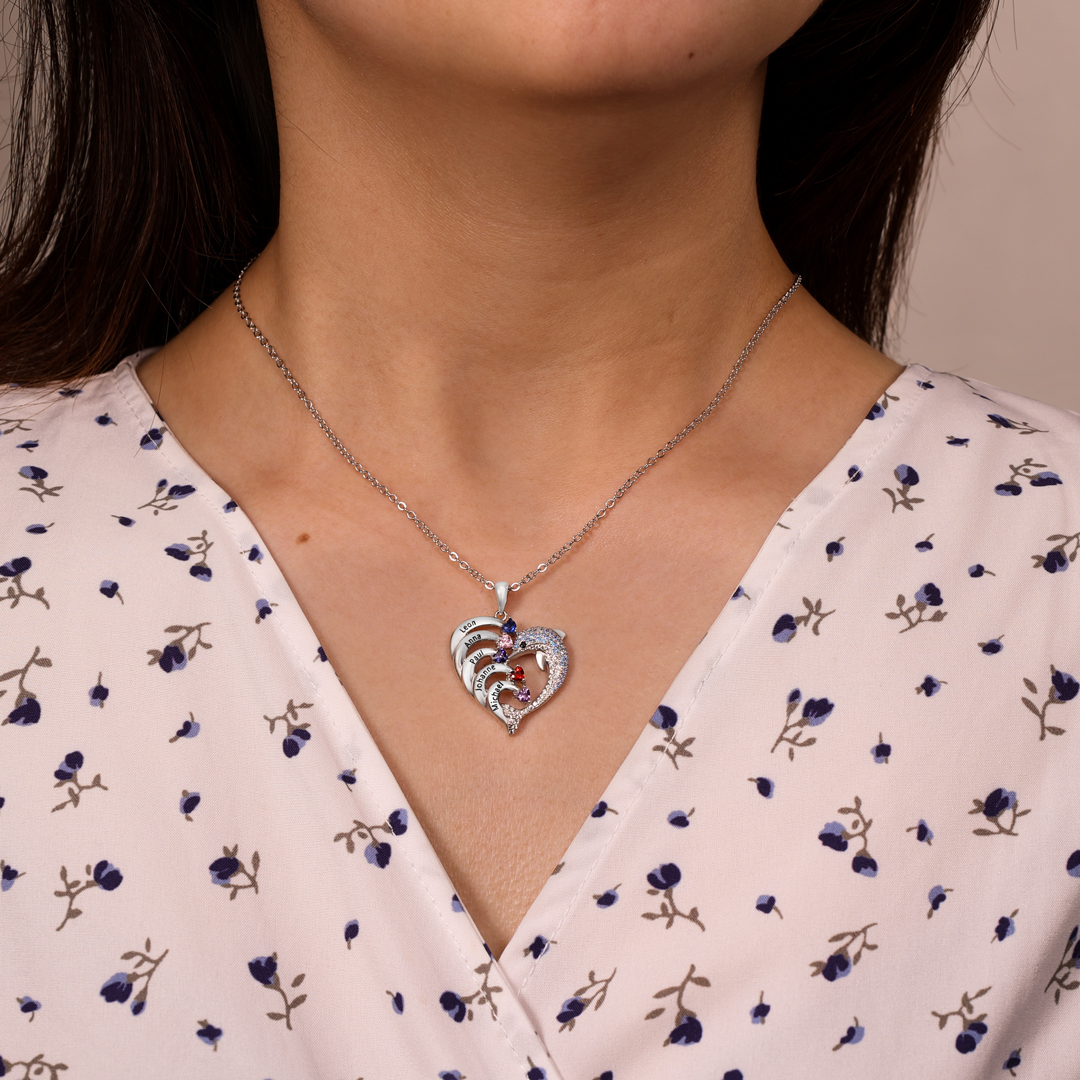 Collier coeur et dauphin 4 Prénoms Personnalisés avec 4 Pierre de Naissance