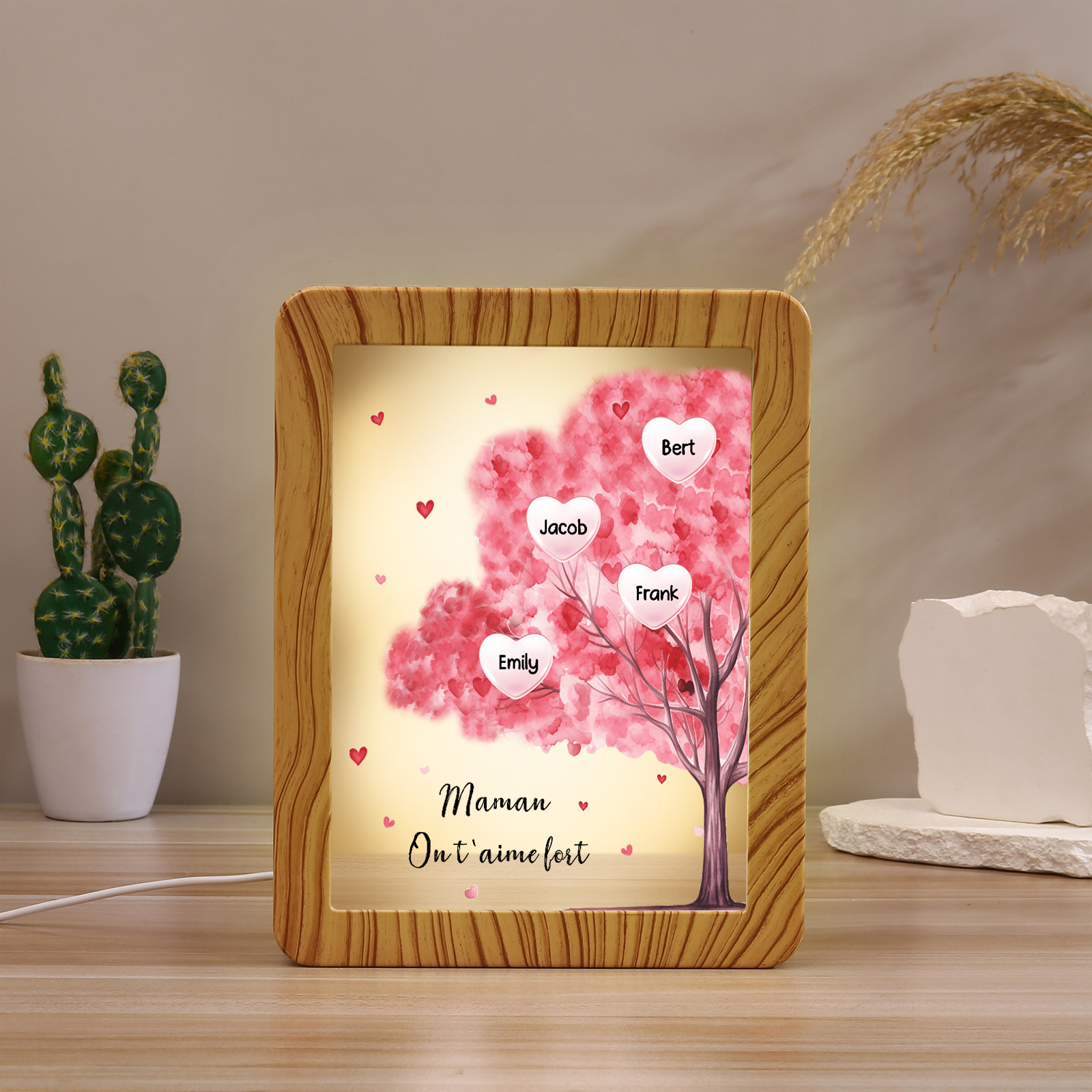 Cadre Photo/Miroir LED Multifonctionnel Arbre 4 Prénoms Personnalisés avec Texte pour Famille