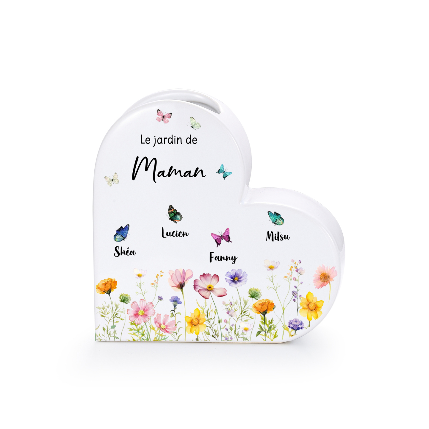 Vase Cœur Personnalisé en Céramique avec 1-10 Prénoms et Papillons pour Maman ou Mamie