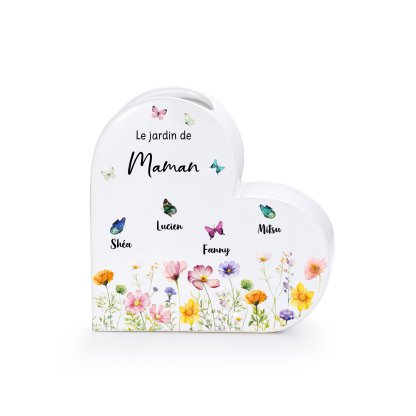 Vase Cœur Personnalisé en Céramique avec 1-10 Prénoms et Papillons pour Maman ou Mamie