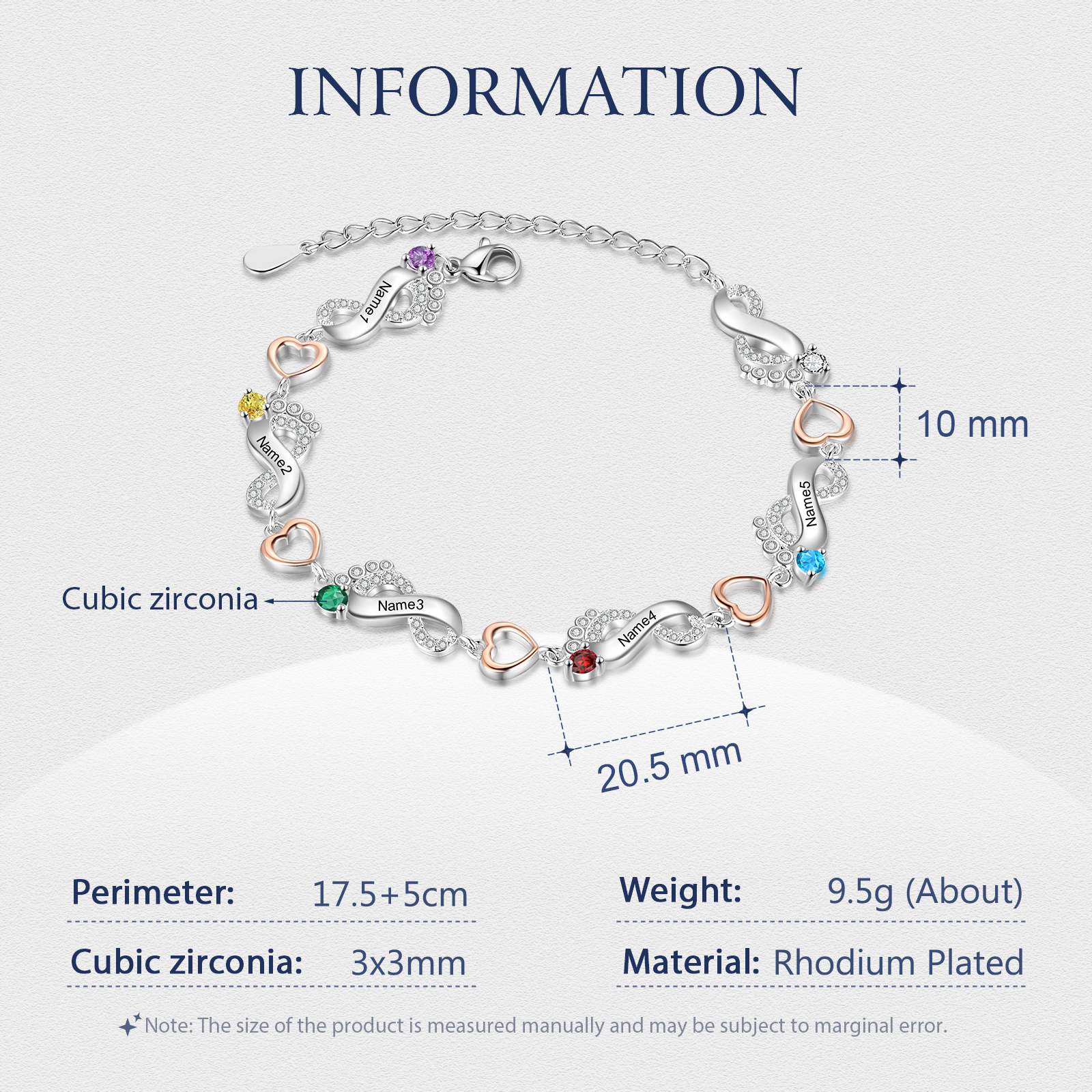 Bracelet Pied bébé et Cœur Personnalisé avec 5 Prénoms et Pierres de naissance Bracelet pour Femme | Jessemade