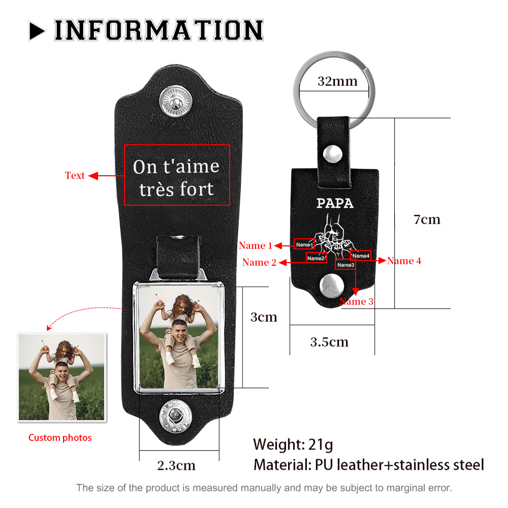 À mon Papa - Porte-Clés Cuir Poings 4 Prénoms Personnalisés avec Photo et Texte