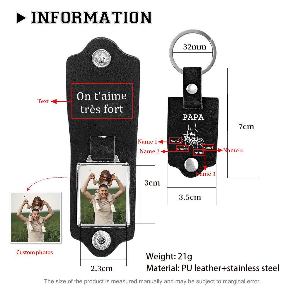 À mon Papa - Porte-Clés Cuir Poings 4 Prénoms Personnalisés avec Photo et Texte