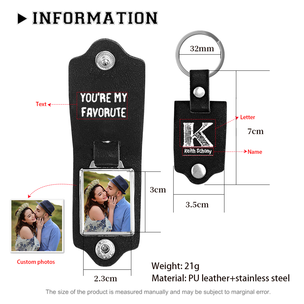 Porte-Clés Cuir Prénom et Photo Personnalisés avec Lettre et Texte pour Couple