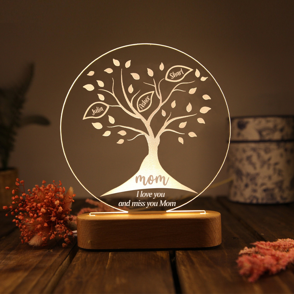 Lampe de chevet LED Arbre de vie Arbre généalogique 3 prénoms personnalisés avec 2 textes