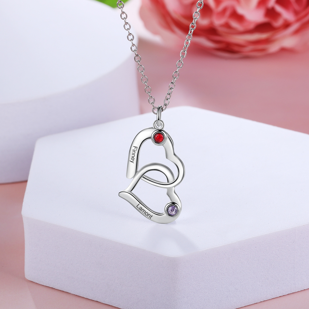 Collier Coeur 2 Prénoms Personnalisés Pendentif avec 2 Pierre de Naissance｜Jessemade