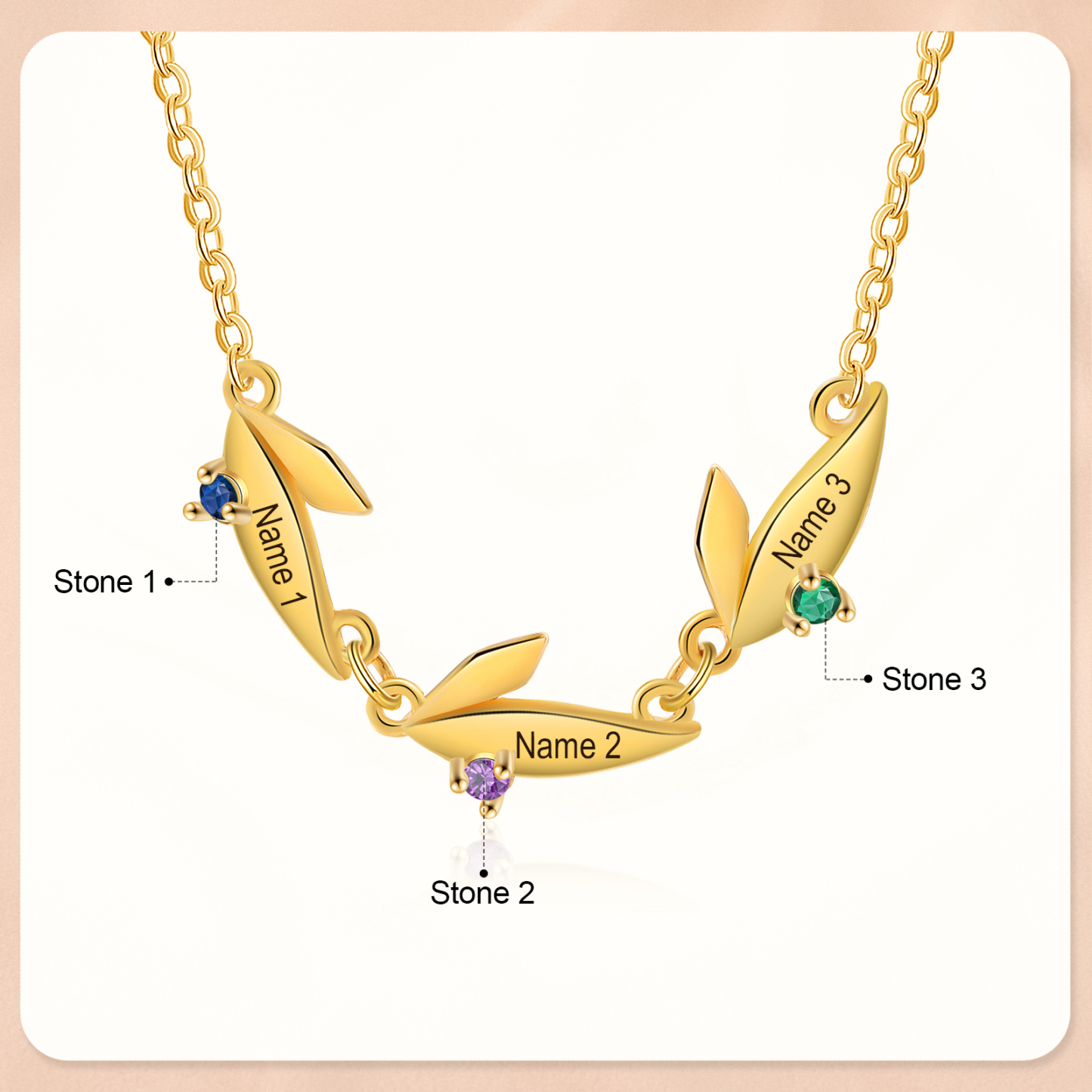 Collier Feuille 3 Prénoms Personnalisés avec Pierre de naissance Collier Femmes