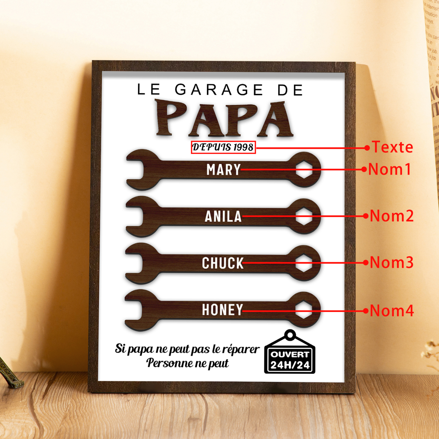 À Mon Papa-Cadre en Bois Garage 4 Prénoms Personnalisés