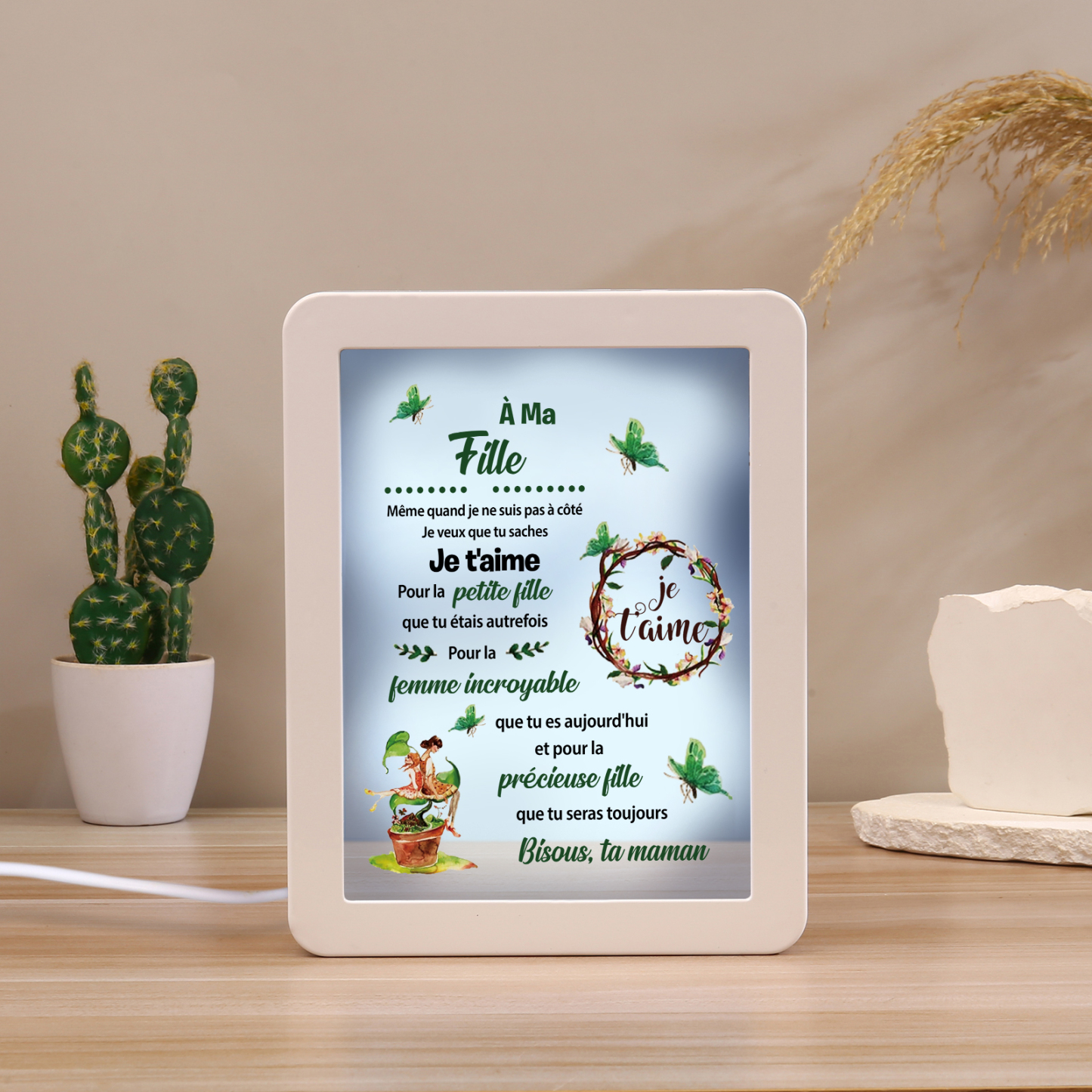À ma Fille - Cadre Photo/Miroir LED multifonctionnel Cadeau de Maman pour Fille