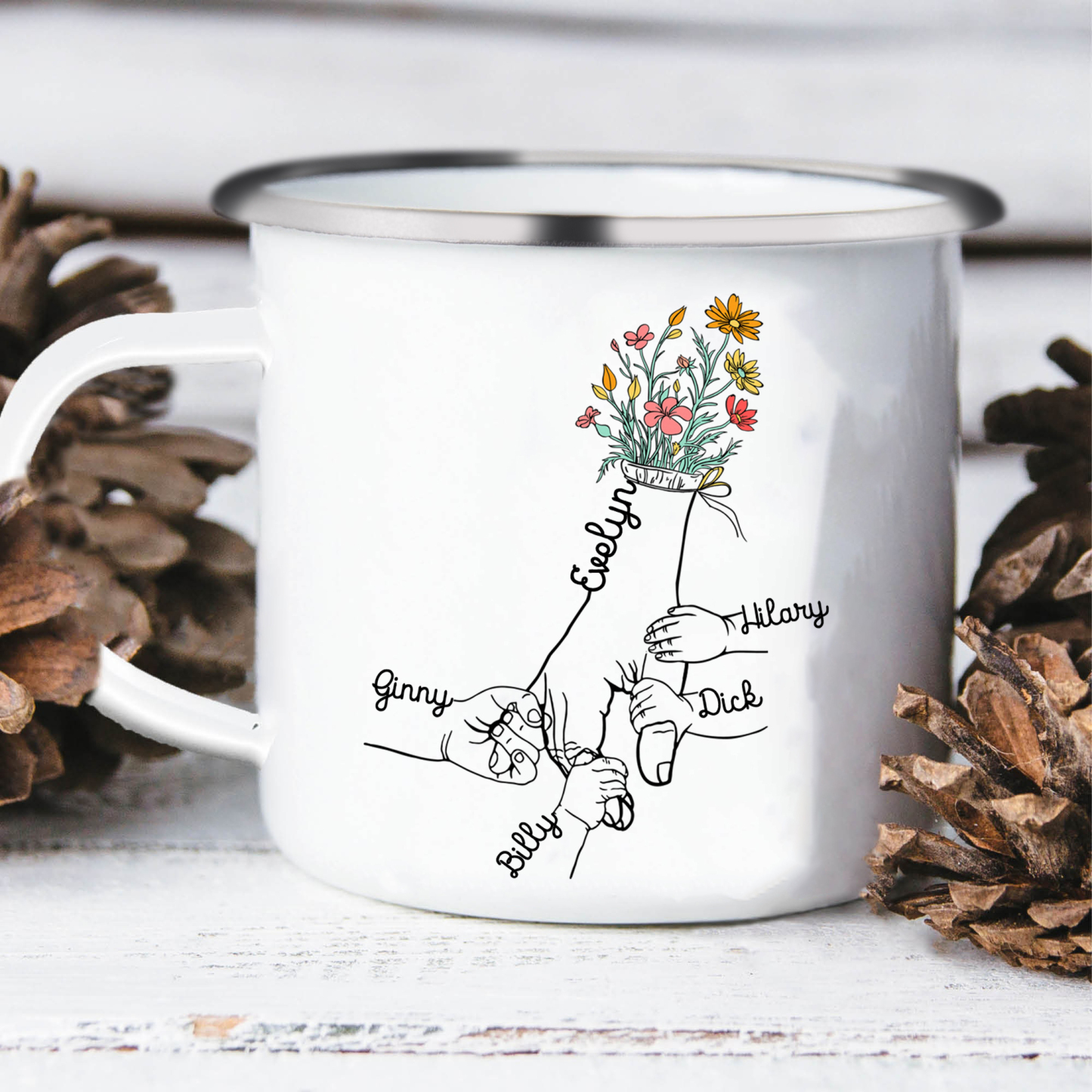 À Maman/Mamie - Tasse émaillée la Main dans la Main 5 Prénoms Personnalisés