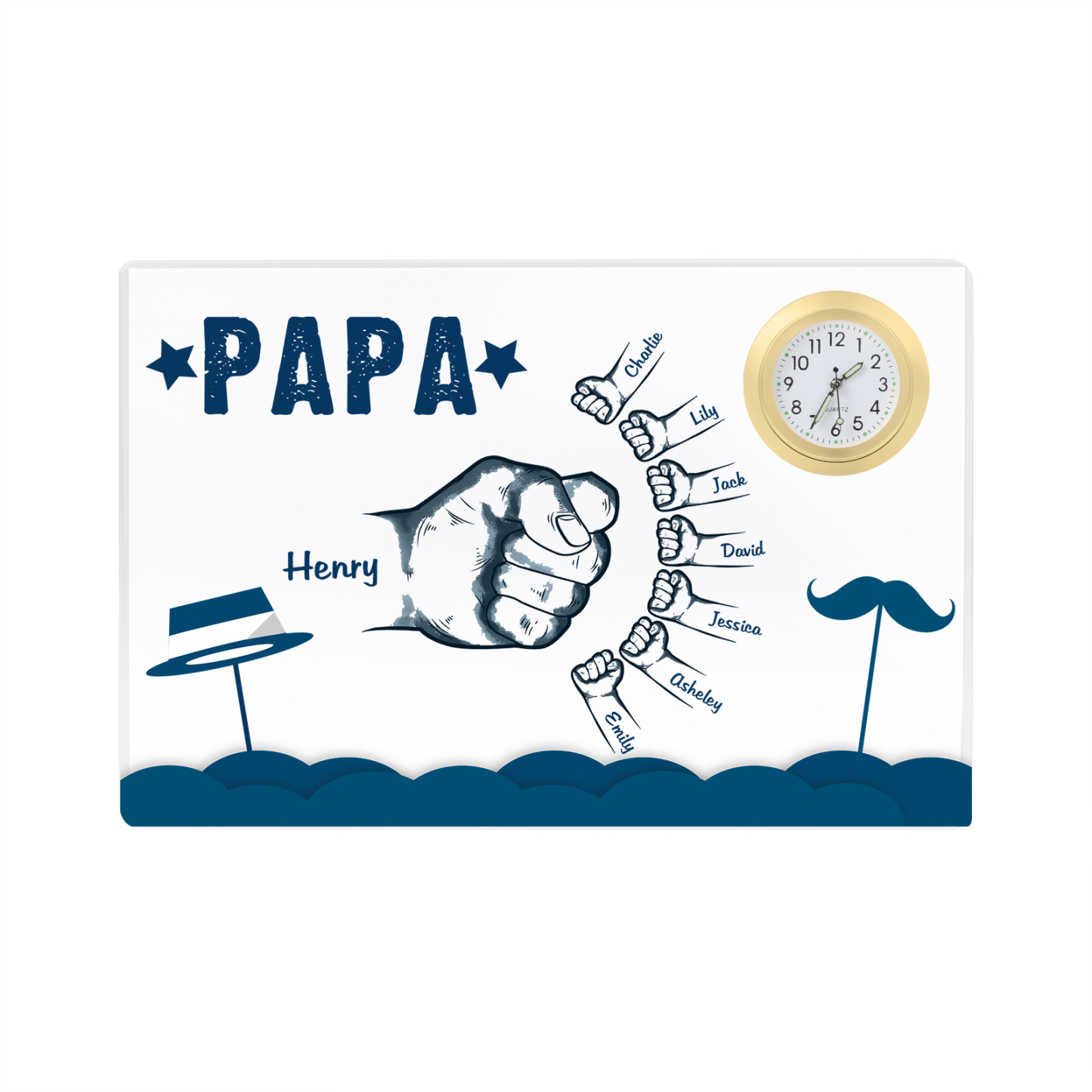 À Papa/Papi - Plaque Acrylique Poings Rectangle avec Horloge 8 Prénoms et 1 Texte Personnalisés