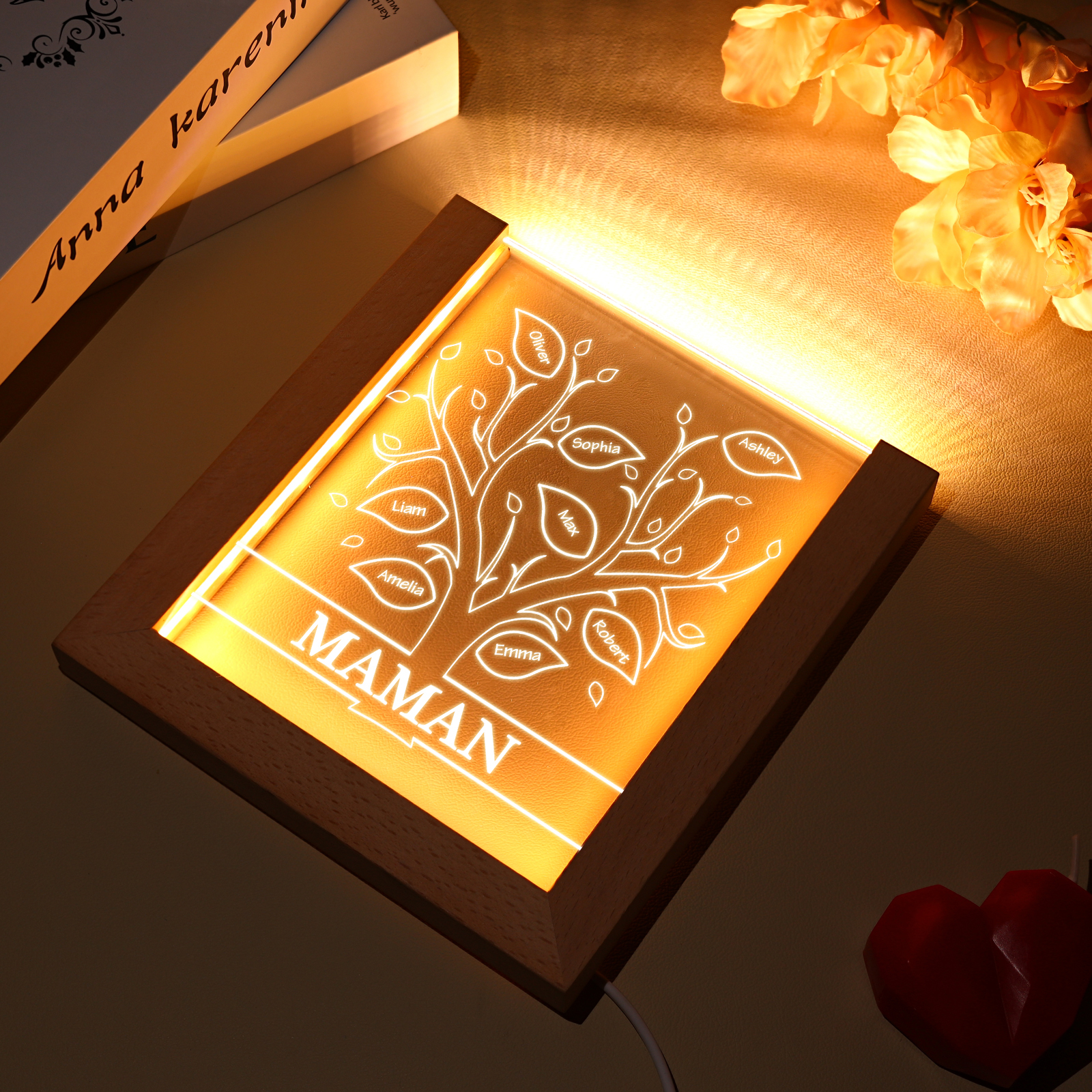 À Maman/Mamie - Lampe de chevet LED Arbre 8 Prénoms Personnalisés avec 1 Texte
