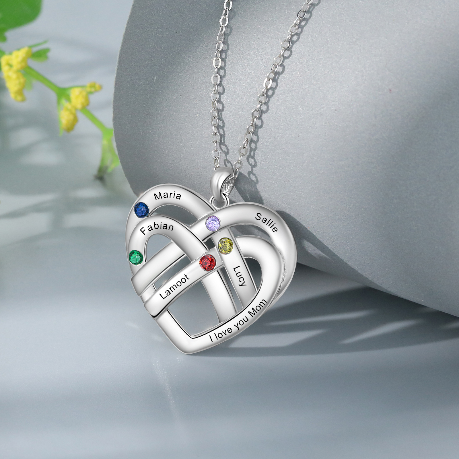 Collier Pendentif Cœur 5 Prénoms et 1 Texte Personnalisés avec 5 Pierres de Naissance Collier Femmes