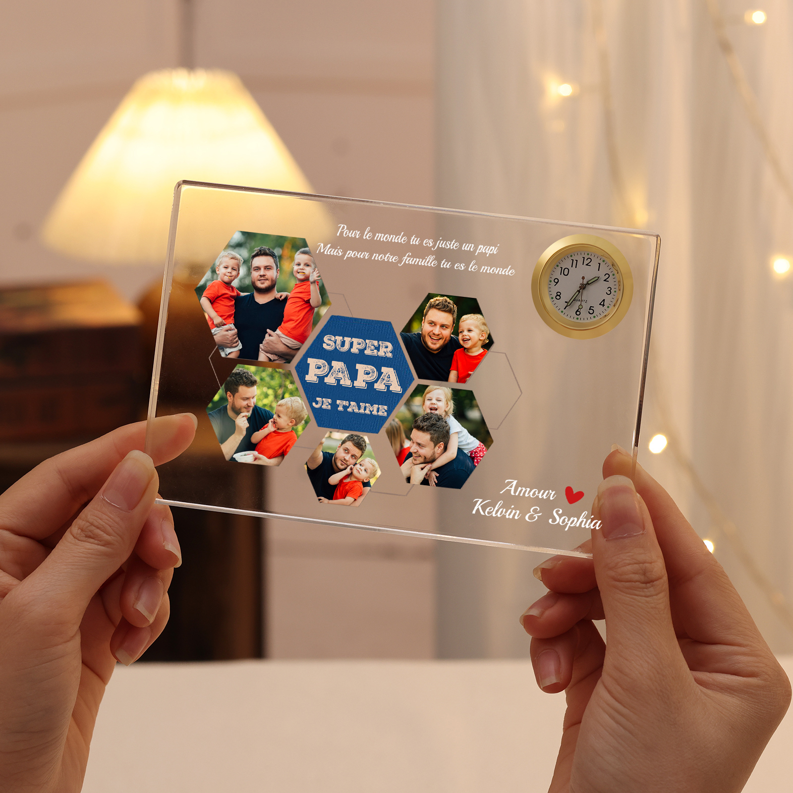 À mon Papa - Plaque Acrylique rectangle avec Horloge 2 Prénoms et 5 Photos Personnalisés