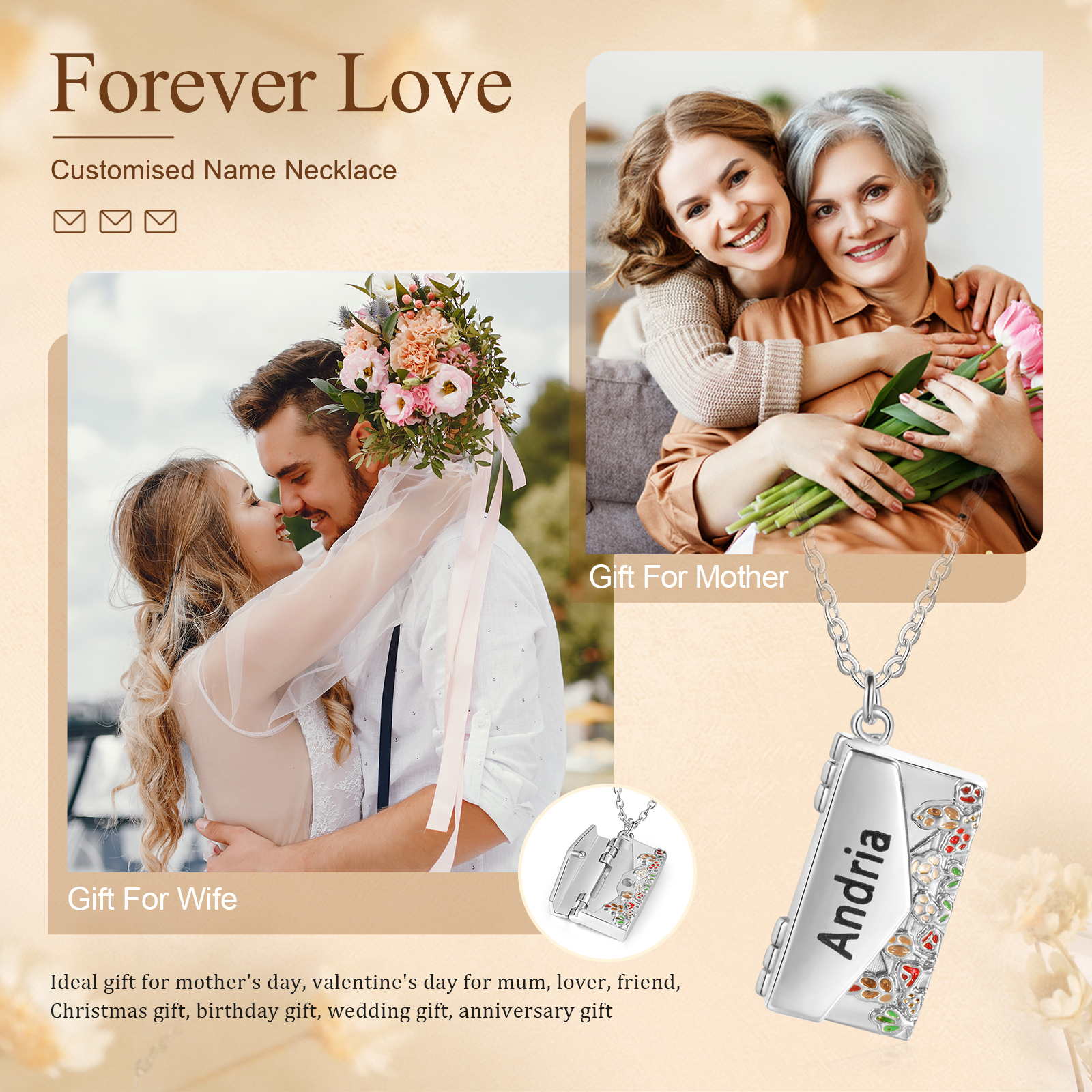 Collier Enveloppe 1 Prénom Personnalisé Collier Pendentif