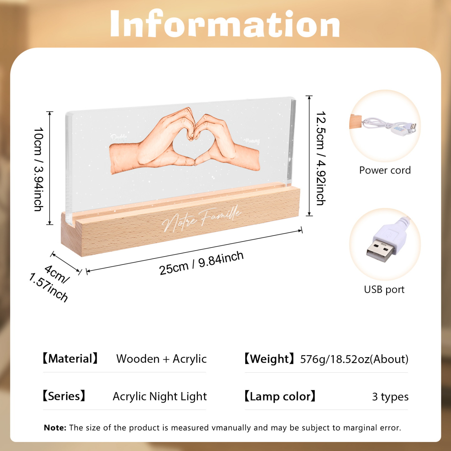 À ma Famille- Lampe de chevet LED la Main dans la Main 2 Prénoms Personnalisés avec Texte