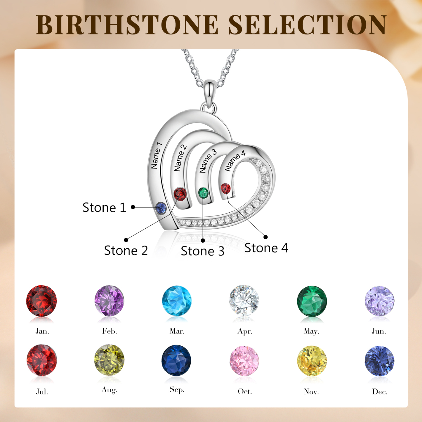 Collier Pendentif Cœur 4 Prénoms Personnalisés avec Pierre de naissance pour Femmes