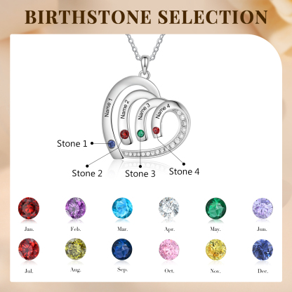 Collier Pendentif Cœur 4 Prénoms Personnalisés avec Pierre de naissance pour Femmes