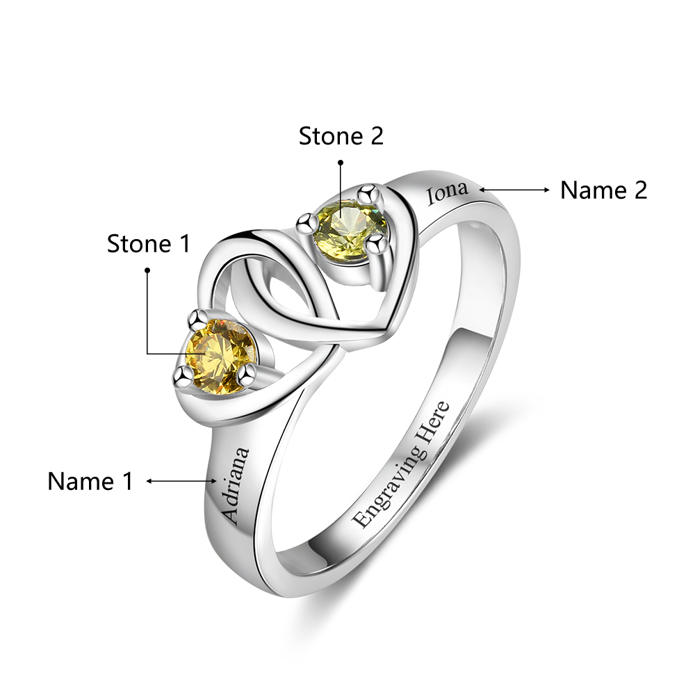 Bague Cœur 2 Prénom Personnalisé avec 2 Pierre de Naissance et texte en Argent 925