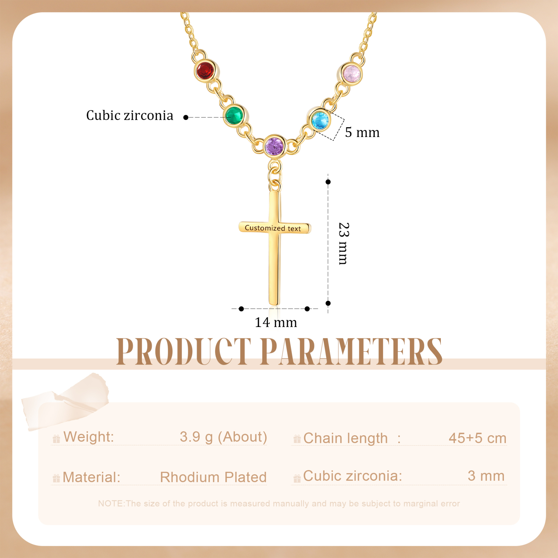 Collier Croix 5 Pierres de Naissance Personnalisés avec Texte Collier pour Femmes