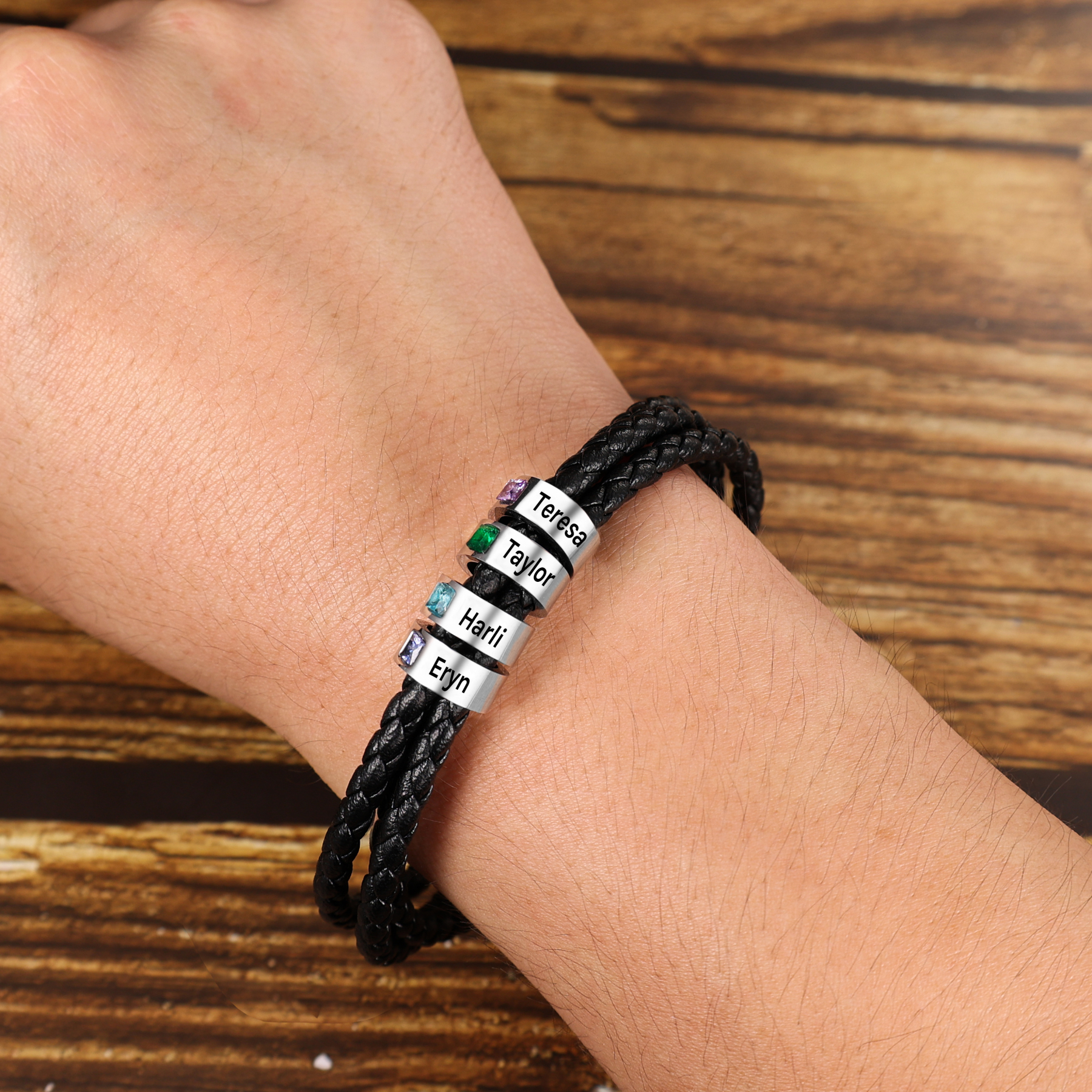 Bracelet 4 Prénom Personnalisé Avec 4 pierre de naissance Bracelet Homme