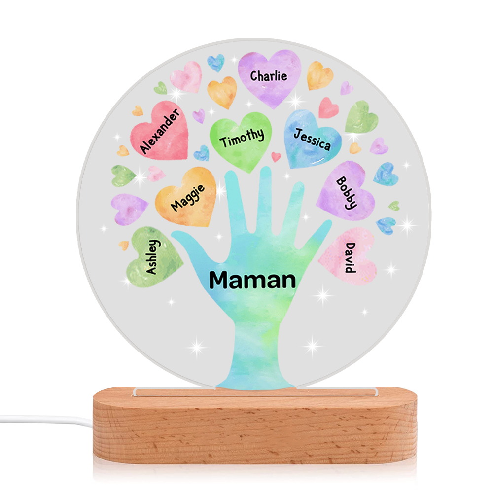À Maman/Mamie - Lampe de chevet LED Lumières Cœur 8 Prénoms Personnalisés avec 1 Texte pour Famille