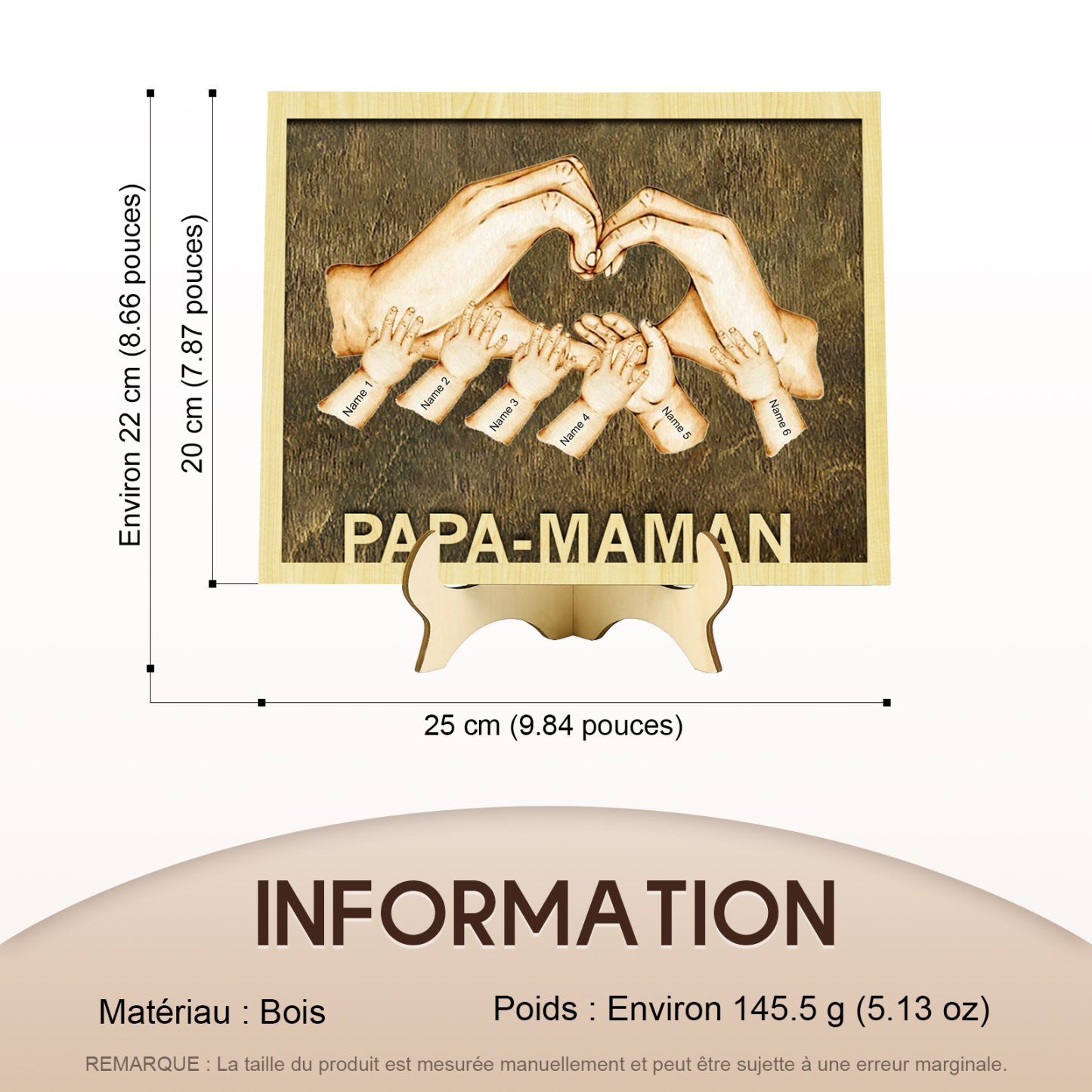 Décoration en bois la Main dans la Main 6 Prénoms Personnalisés Ornement pour Famille