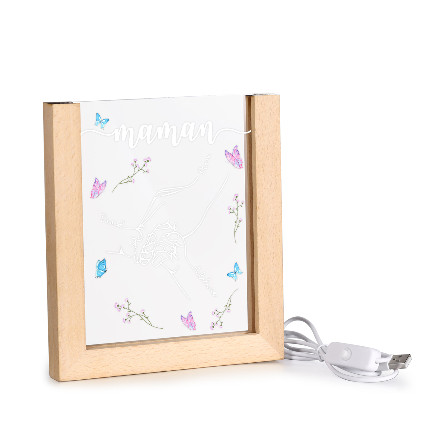 À Maman/Mamie - Lampe de chevet LED la Main dans la Main 3 Prénoms Personnalisés avec 1 Texte