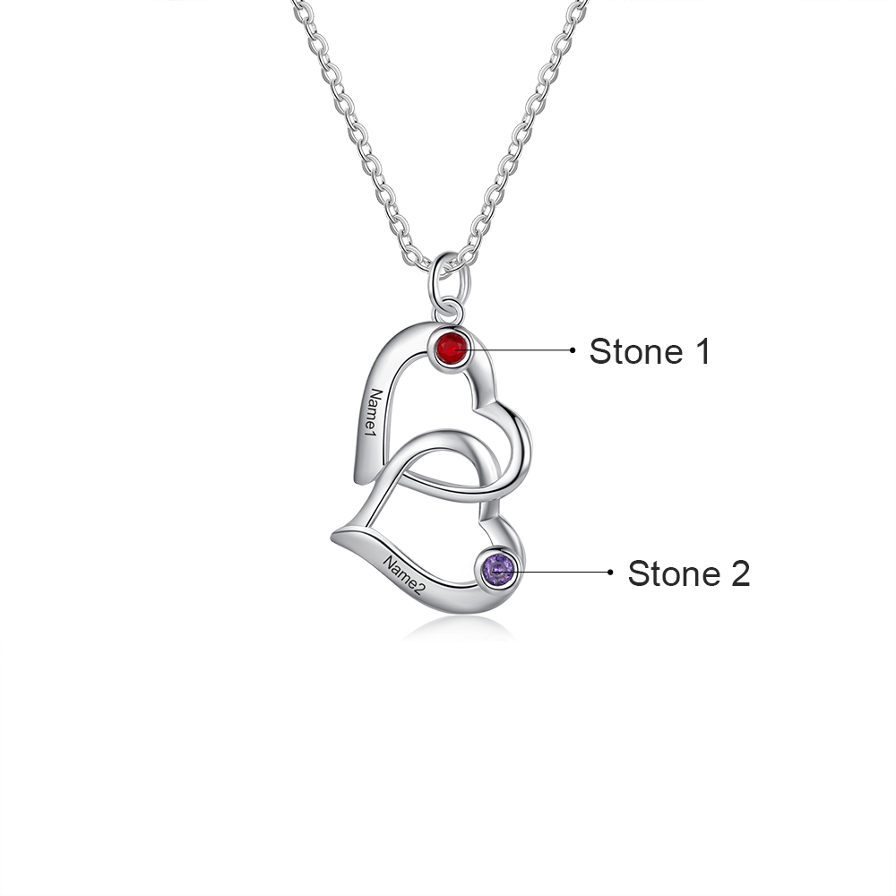 Collier Coeur 2 Prénoms Personnalisés Pendentif avec 2 Pierre de Naissance｜Jessemade