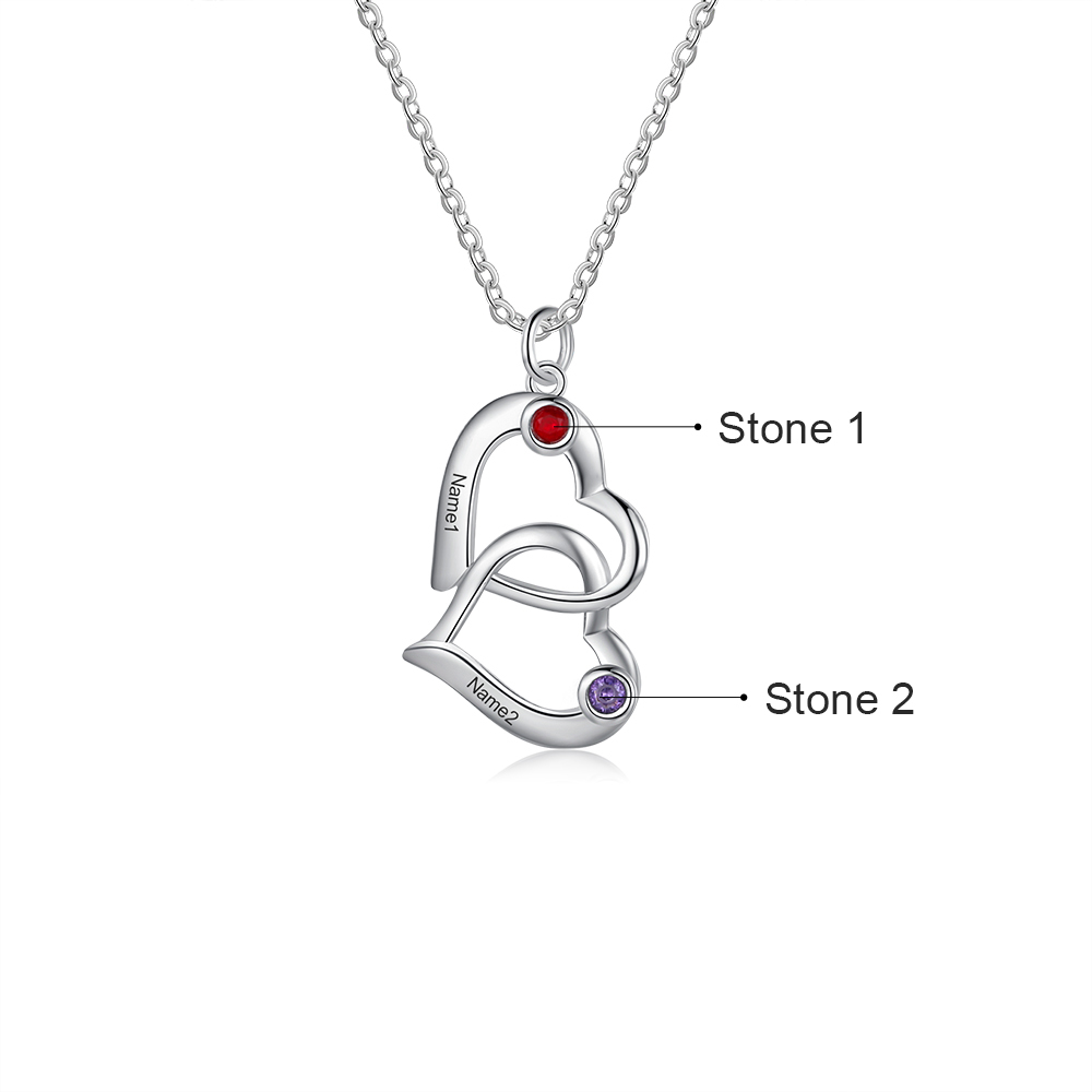 Collier Coeur 2 Prénoms Personnalisés Pendentif avec 2 Pierre de Naissance｜Jessemade