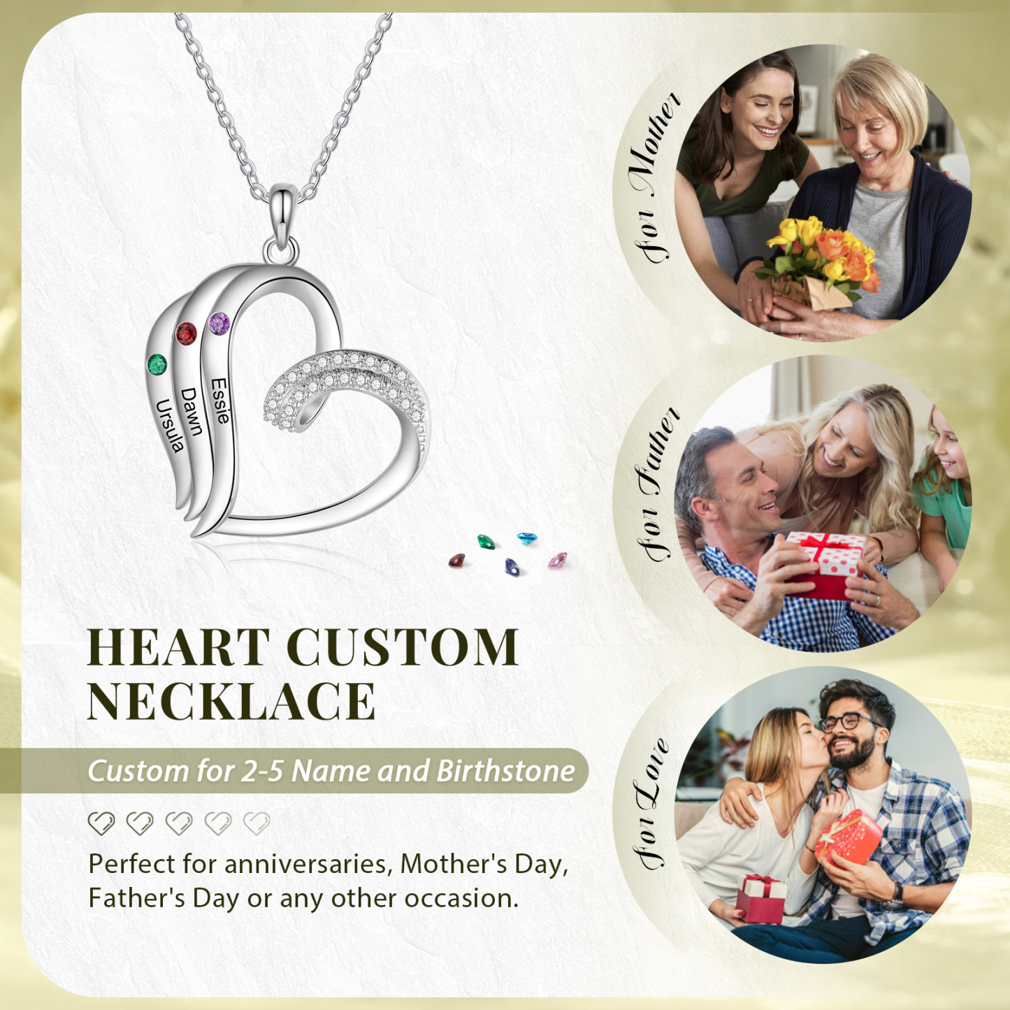 Collier Coeur 3 Prénoms Personnalisés avec Pierre de naissance pour Femmes|Jessemade