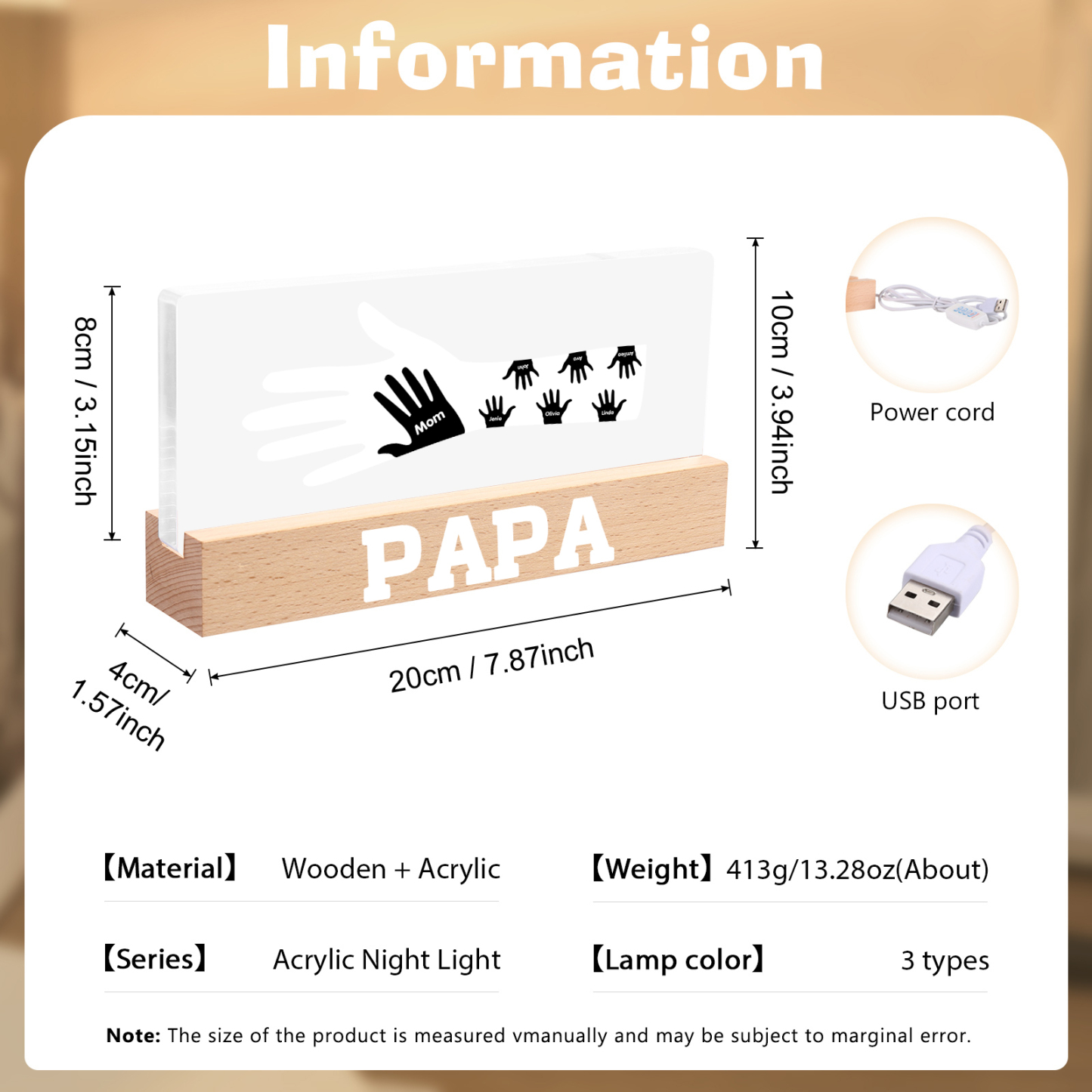 À Papa/Maman- Lampe de chevet LED Mains 7 Prénoms Personnalisés avec Texte pour Famille