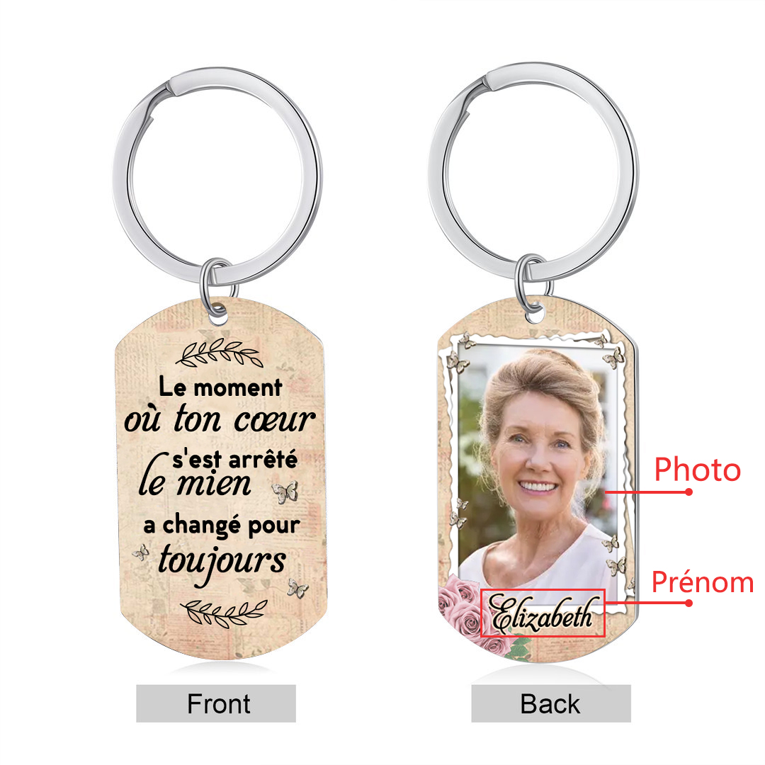Porte-Clés Commémoratif 1 Prénom et Photo Personnalisés Le moment où ton coeur s'est arrêté le mien a changé pour toujours