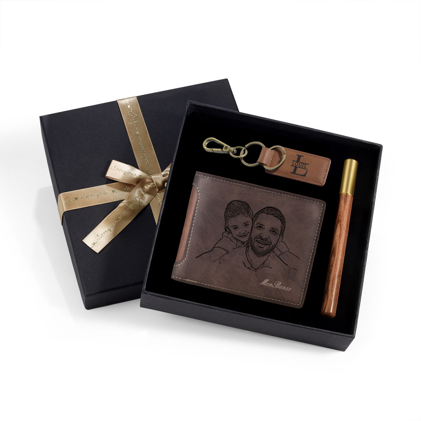 Coffret Cadeau 3PCS - Portefeuille classique Porte-Clés et Stylo 1 Prénom et Lettre Personnalisés avec 1 Photo et Texte Coffret Cadeau pour Homme