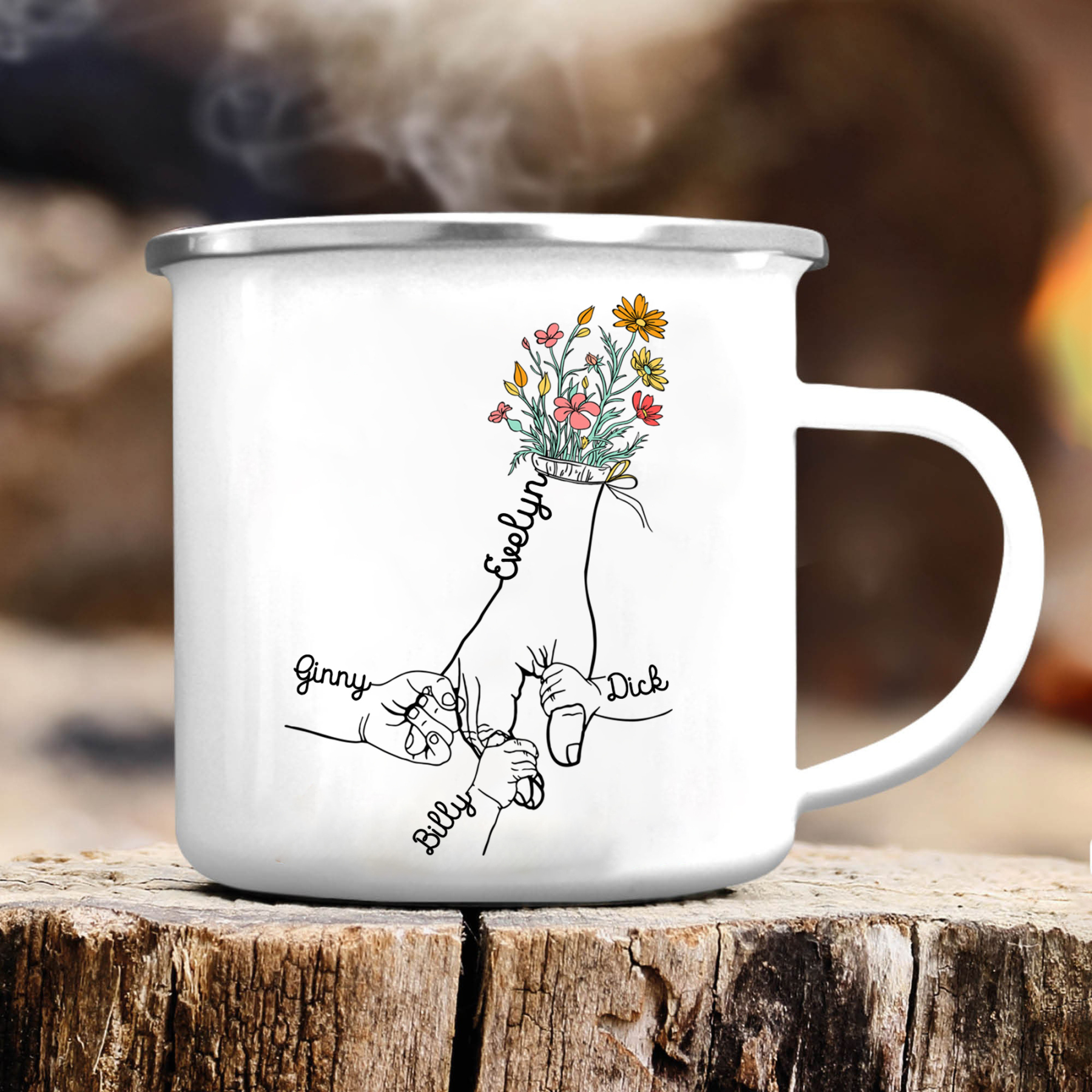 À Maman/Mamie - Tasse émaillée la Main dans la Main 4 Prénoms Personnalisés