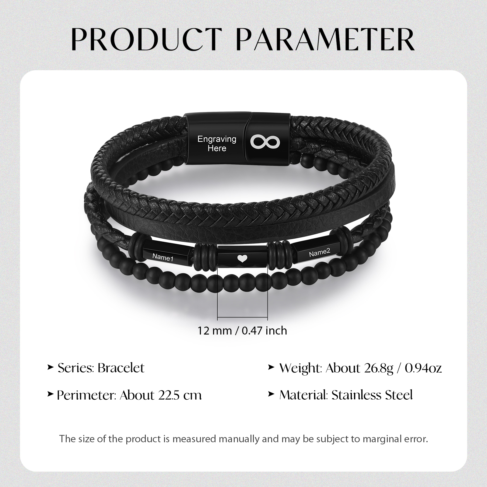 Bracelet Cuir tressé infini 2 Prénoms Personnalisé avec texte Bracelet Prénom pour Homme｜Jessemade